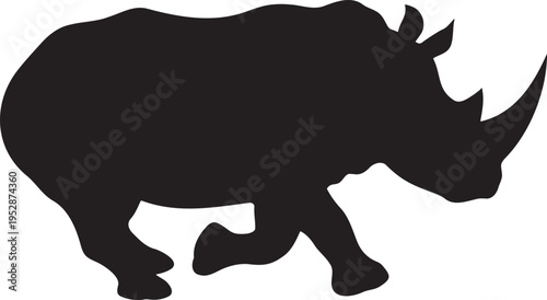 Rhinoceros walking silhouette, powerful wildlife animal side view. Black vector icon of a walking rhino with sharp horn and sturdy body, representing strength, endangered species, and African savanna 