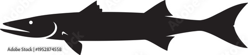 Barracuda fish silhouette side view, black vector icon on white. Predatory, sleek saltwater fish with elongated body, sharp teeth, and detailed fins. Minimalist marine wildlife graphic for fishing log