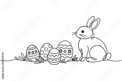 Easter Bunny One Line Art. Vector Sitting with Three Decorative Eggs