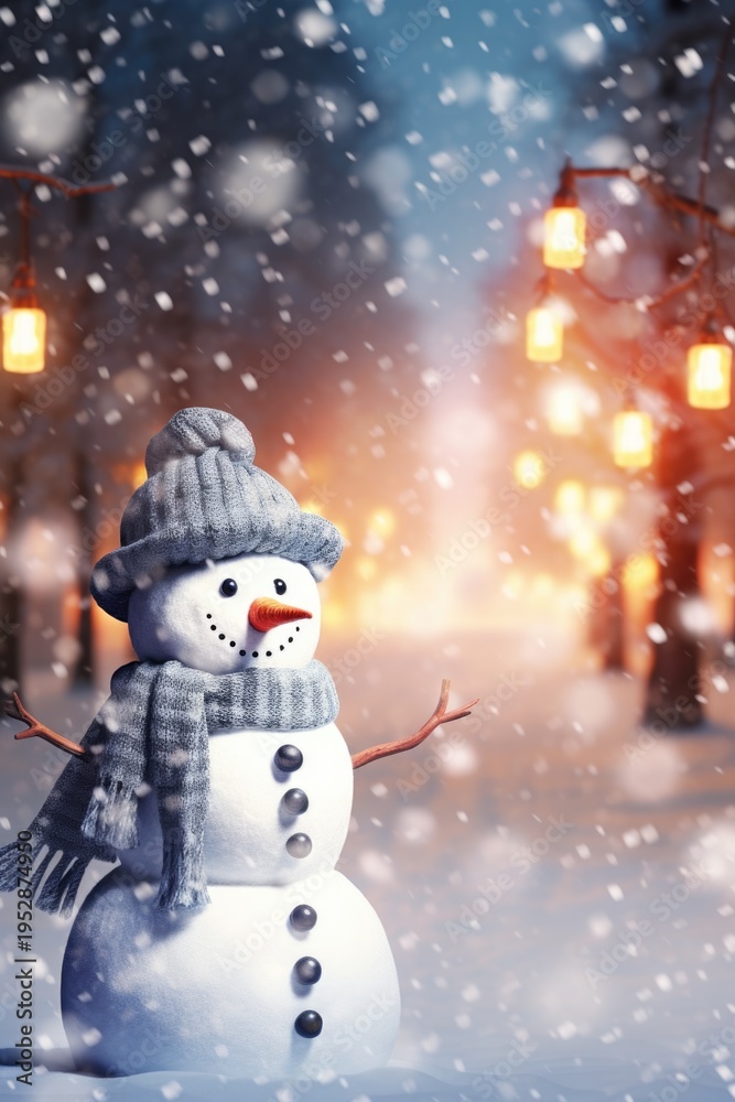 Obraz premium A snowman wearing a hat and scarf, standing in the snow. This picture can be used to depict winter, Christmas, or holiday themes.