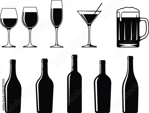 A collection of black silhouette icons featuring various glassware and wine bottles for bar menus isolated on white background