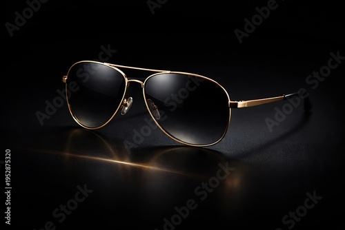 Elegant gold aviator sunglasses on a reflective surface