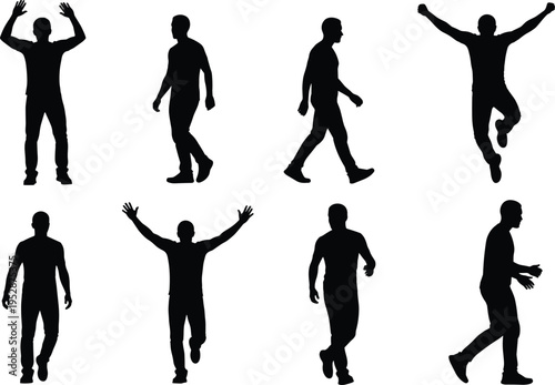 A collection of black silhouettes showing men in various poses of walking and celebrating success isolated on white background
