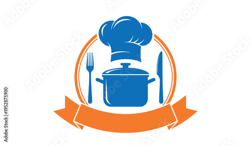 Culinary logo with chef's hat pot and utensils
