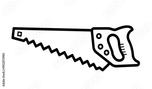 A black and white illustration of a handsaw with a serrated blade and handle