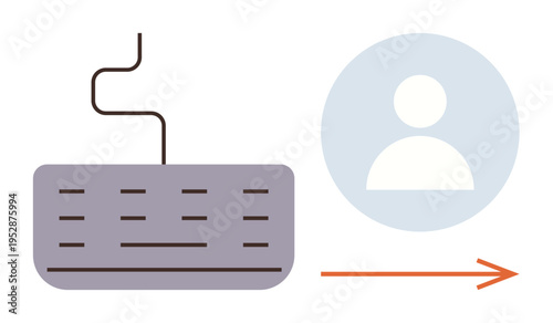 Digital processes, online activity, technology, data transfer, identity access, communication. Illustration of a keyboard connected to a user profile icon with an arrow. Digital processes and online
