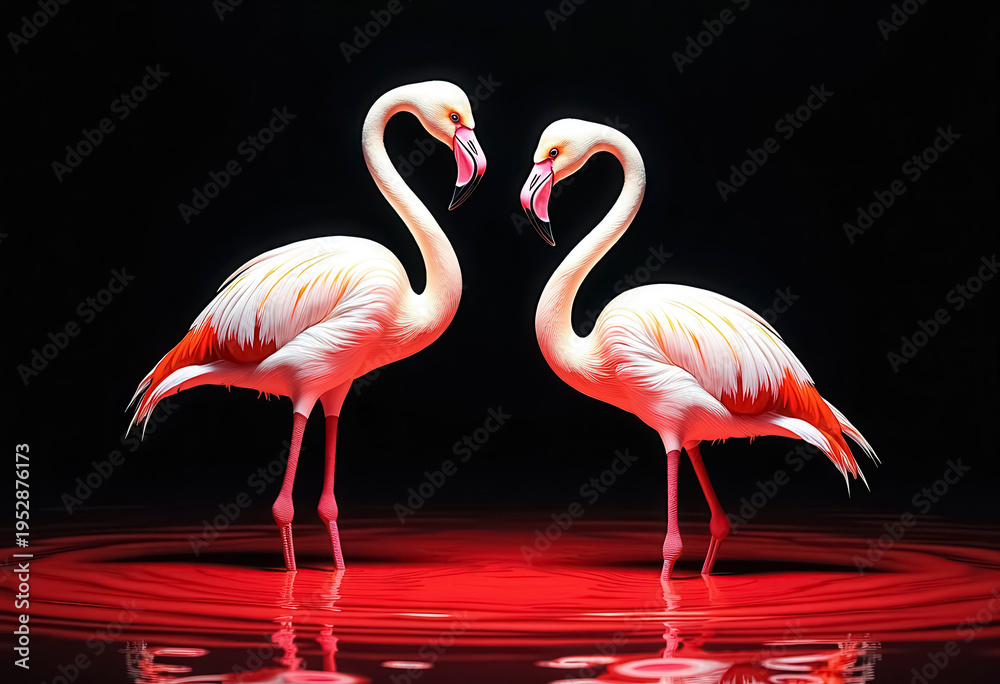 Fototapeta premium Two pink flamingos stand in the water on a black background
