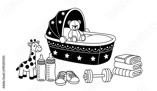 Baby nursery essentials with teddy bear and toys