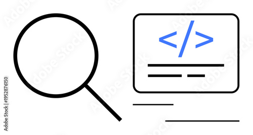 Web development, data analysis, code inspection, online security, technology research, software engineering. Magnifying glass next to coding symbol. Web development and data analysis concept