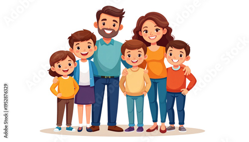 A cheerful family portrait featuring a father and mother standing with their four happy children Vector