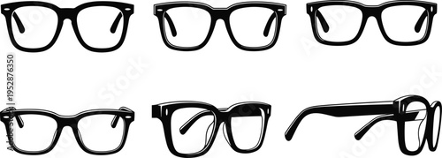 A collection of black and white line art illustrations depicting various styles of eye glasses isolated on white background