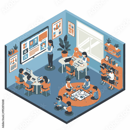 A modern classroom equipped with technology, where students engage in interactive learning activities and collaborative projects.
