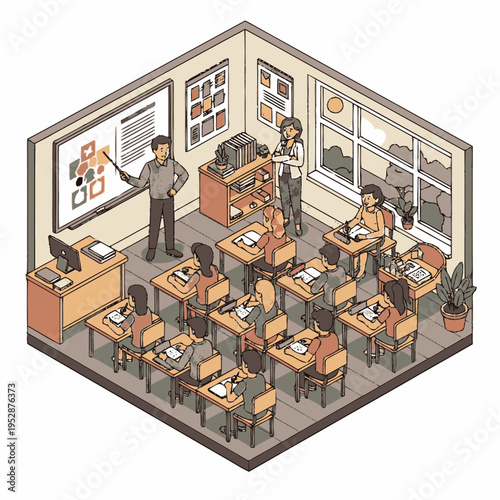 Isometric view of a classroom with a teacher instructing students, showcasing a modern learning environment with technology and traditional elements.