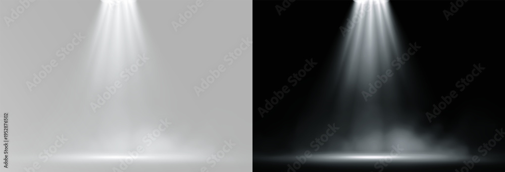 Naklejka premium Wide white spotlight beam with cone light effect and smoke haze for stage podium and product showcase background, overlay 