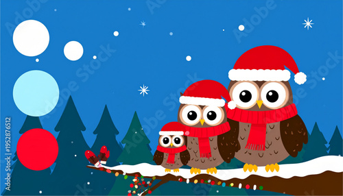Three cute brown owls wearing red santa hats and winter scarves sitting on a snowy tree branch Vector