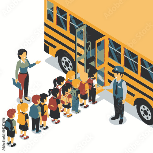 A diverse group of elementary school children in a single file line boarding a yellow school bus, supervised by a teacher and a security guard.