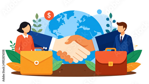 Business Interaction and Document Signing Icon Set Featuring Handshake Credit Card Folder and Professional Characters Isolated on White Background Vector