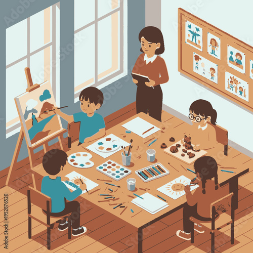 Children engaged in a vibrant art class, with a teacher guiding them as they paint, draw, and sculpt.