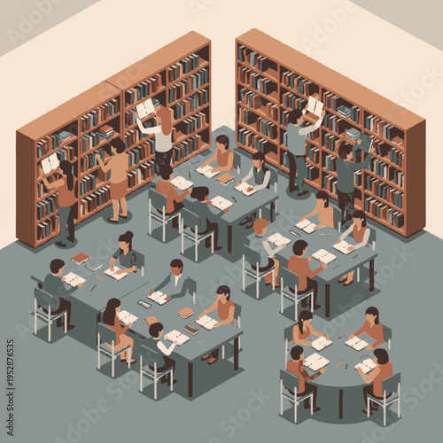 Isometric illustration of a library with people studying and browsing books among tall shelves.