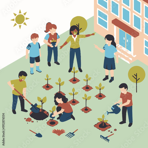 Diverse group of children and an adult enthusiastically planting saplings in a school garden under a sunny sky.