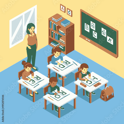 A teacher instructs young students in a classroom setting, guiding them through alphabet learning activities at their desks.