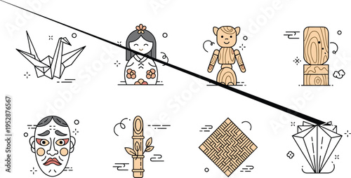Japanese traditional crafts and art icons vector set featuring origami doll wooden sculpture mask bamboo and cultural handmade elements