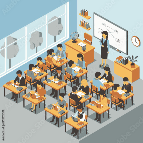 Isometric illustration of a classroom scene with a teacher instructing students who are seated at desks and engaged in learning activities.