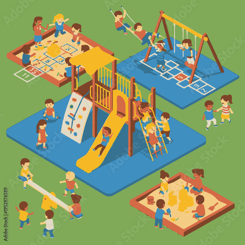 Vibrant isometric illustration of a diverse group of children joyfully playing on a colorful playground with swings, slides, climbing walls, and sandboxes.