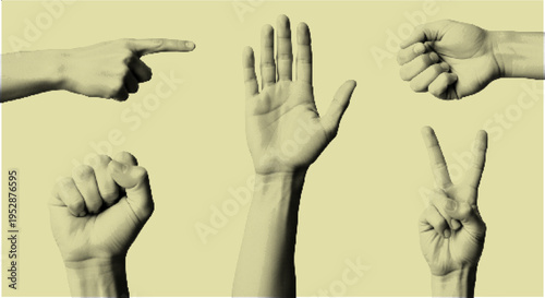Victory and Power Hand Gestures Halftone Illustration
