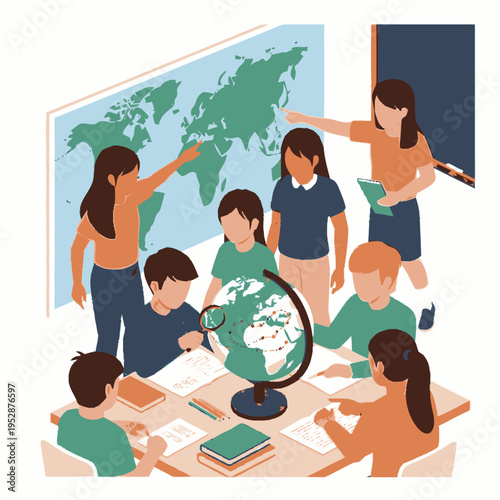 Children gathered around a globe and world map in a classroom, engaged in a geography lesson.