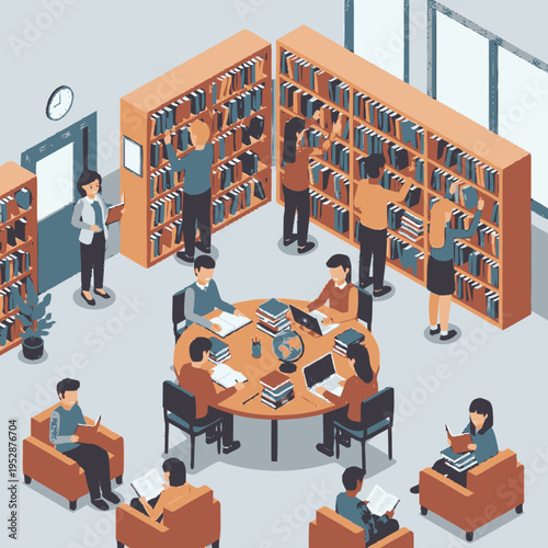 Isometric illustration of a modern library interior with people reading and studying among bookshelves and study tables.