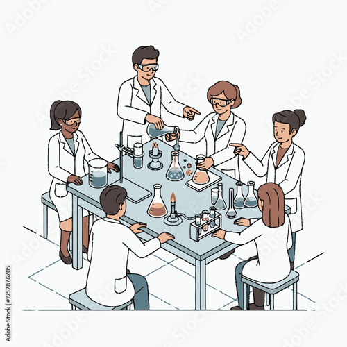 A diverse group of scientists collaborating around a lab table, conducting experiments with beakers, flasks, and burners.