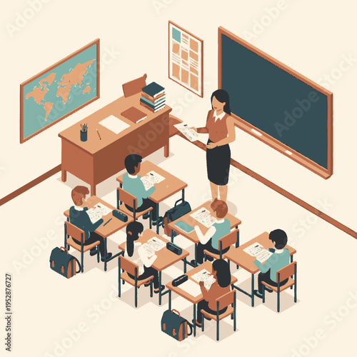 An isometric view of a classroom with a teacher instructing students at their desks, featuring a world map and a blackboard.