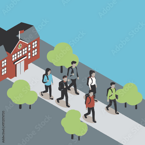 Students with backpacks walking on a sidewalk towards a school building with trees on a clear day.