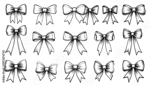 A collection of fifteen hand drawn decorative ribbon bows in various elegant styles and shapes Vector