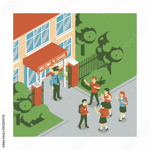 A police officer stands guard at the entrance of a school building as students arrive and wave.