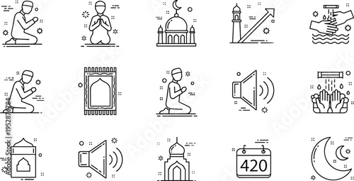 Islamic religion and prayer line icons vector set featuring mosque ramadan calendar crescent moon adhan and muslim worship symbols
