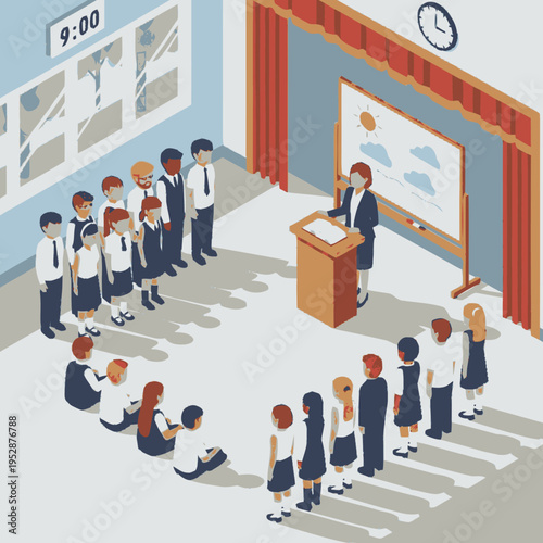 Isometric illustration of a classroom scene with a teacher presenting to students arranged in a U-shape around a whiteboard.