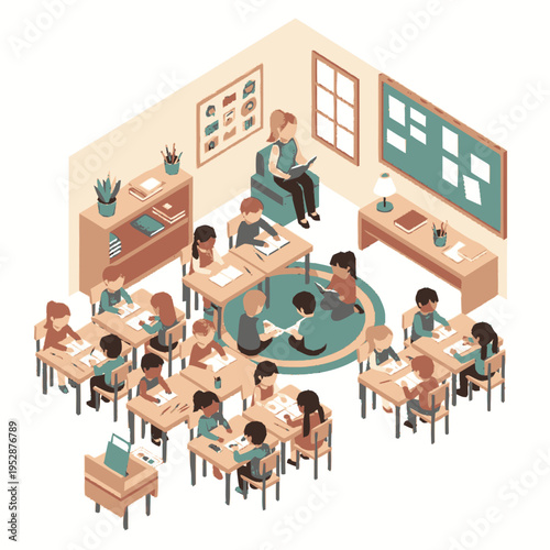 A vibrant isometric illustration depicts a lively classroom scene with a teacher reading to attentive young students engaged in various learning activities.