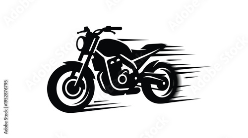 A black silhouette of a speeding motorcycle on a white background