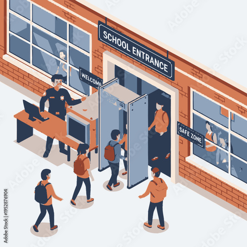 Students and security guard pass through metal detector at school entrance for safety.