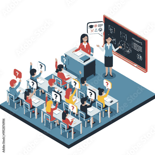 Isometric illustration of a classroom scene with a teacher instructing students who are raising their hands with question marks, indicating engagement and inquiry during a lesson.