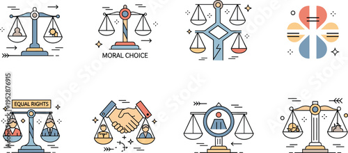 Ethics and moral decision icons vector set with balance scales equality justice choice partnership and human values symbols illustration