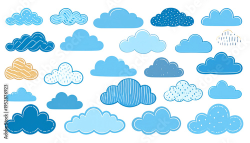 A diverse collection of various blue cloud shapes featuring unique textures and artistic patterns Vector