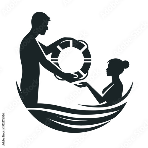 Adult and child holding life ring in water