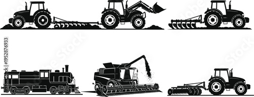 Black silhouette vector illustration of tractors with plow, front loader, harrow, combine harvester unloading grain, train locomotive, agricultural machinery, rural equipment