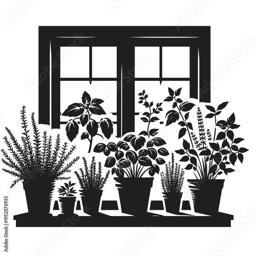 Window planters with herbs in black silhouette style