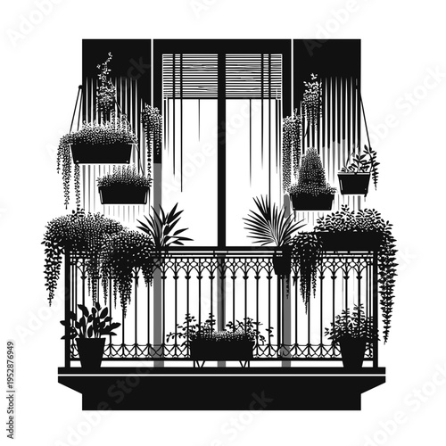 Elegant balcony garden decor with hanging plants in black and white
