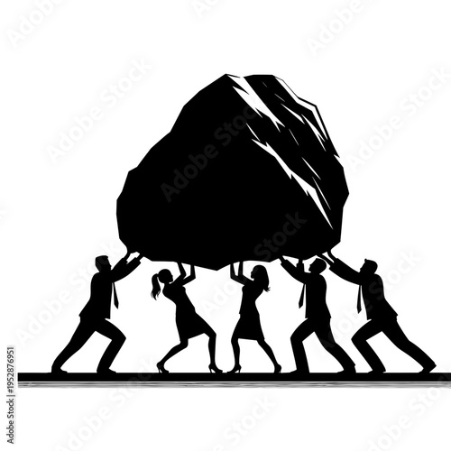 People collaboratively lifting heavy rock together