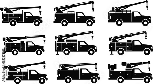 Black silhouette vector illustration of utility trucks, crane arms, hooks, service vehicles, lifting equipment, towing machinery, industrial work, construction transport artwork